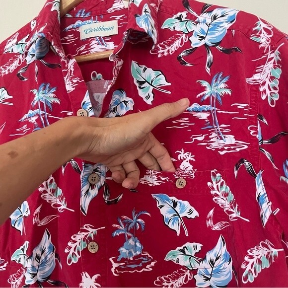Caribbean Red Hawaiian Palm Leaves Tress 3 Pockets Zip Cotton Blend Men's Shirt - Picture 7 of 9